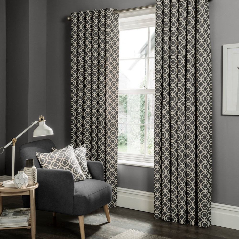 Castello Geometric Curtains By Clarke And Clarke in Charcoal Grey